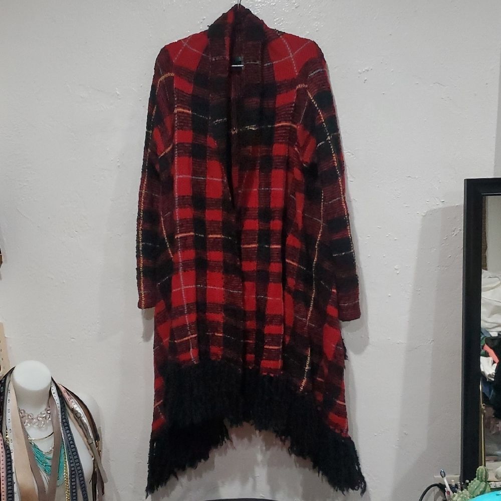 Lauren Ralph Lauren Wool, Alpaca, Acrylic Blend Open Sweater in Tartan Plaid
